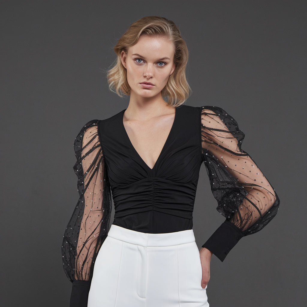 Amoria | Elegant Mesh-Sleeve Blouse