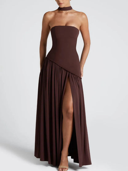 Rochie Maxi Fără Bretele cu Fendă și Panglică