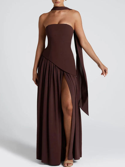 Rochie Maxi Fără Bretele cu Fendă și Panglică